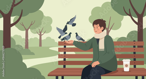 A kind person wearing a warm coat and scarf feeds pigeons on a park bench.