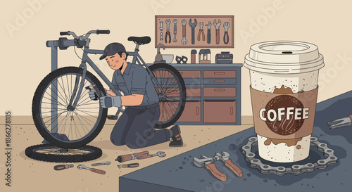 A large takeaway coffee cup with a lid and sleeve on a coaster.