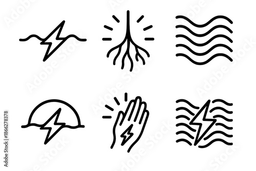 Bioelectric Iconic Designs. Line style icons of Bioelectric Form: charged line, glowing root, flowing pattern, neural arc, radiant