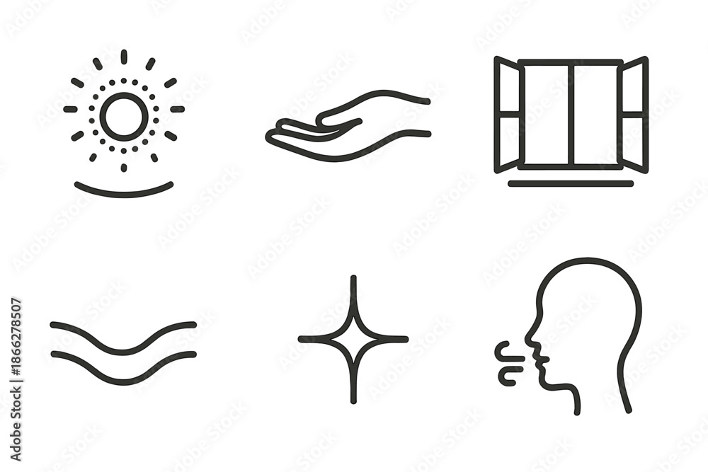 Fototapeta premium Emotional Stillness Icons. Line style icons of Emotional Stillness: fading glow, resting hand, open window, curved warmth, glowing