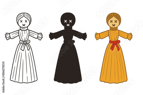 Corn Husk Doll Art. Handmade corn husk doll standing upright with simple knotted features, first in line style with thin outline,