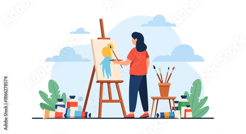 Female artist standing and painting a portrait on an easel.