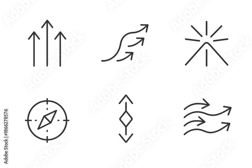 Directional Flow Icons. Line style icons of shared direction flow markers: converging arrows, collective path curve, guidance beam