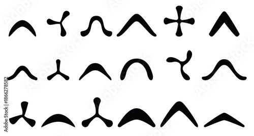 Aboriginal boomerangs. Different boomerang black silhouettes. Australian native weapon, sport tools. Children toys, activity game equipment, sapid vector set