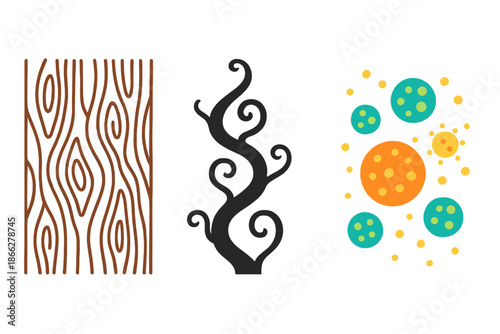 Floating Spores and Vines. Bark patterns, evolved vines, floating spores, first in line style with thin outline, second in solid