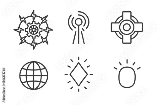 Holy Mechanisms Icons. Line style icons of Holy Mechanisms: radiant circuit wheel, glowing signal, curved grid, luminous shape,