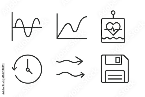 Nostalgia Tide Icons. Line style icons of nostalgia tide predictors: emotional wave chart, rising and falling curve, heart-beat