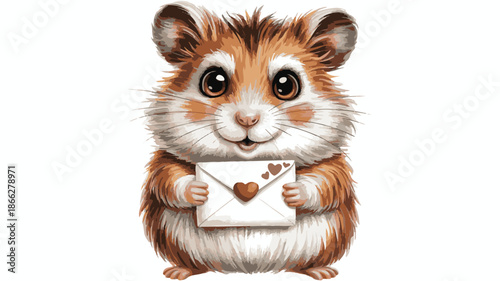 Adorable cartoon hamster holding a love letter envelope on a white background cute animal