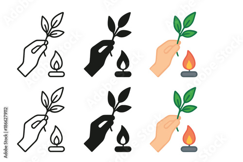 Traditional Edibility Test. Plant sample being held over small flame for traditional edibility test, abstract minimal vector