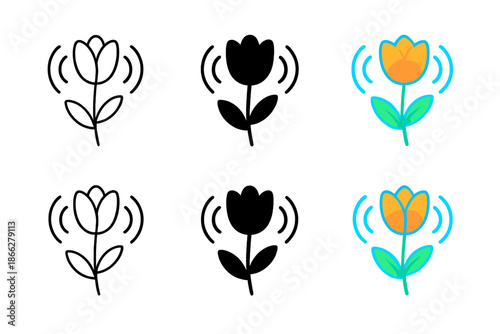 Sonic Flower Spectrum. Sonic-responsive flower with glowing waves around petals, abstract minimal vector design, first in line