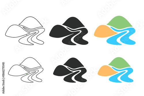 Stylized Epigenetic Landscape. Abstract epigenetic landscape with flowing hills and branching paths, minimal vector icon, first in