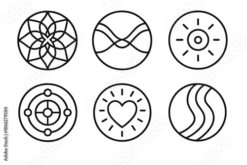 Geometric Empathy Icons. Line style vector icons of Geometric Empathy: glowing patterns, harmonic curves, pulsing light, circular