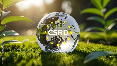 Eco-Friendly Business Concept with Transparent EU Globe and CSRD Text on Moss.