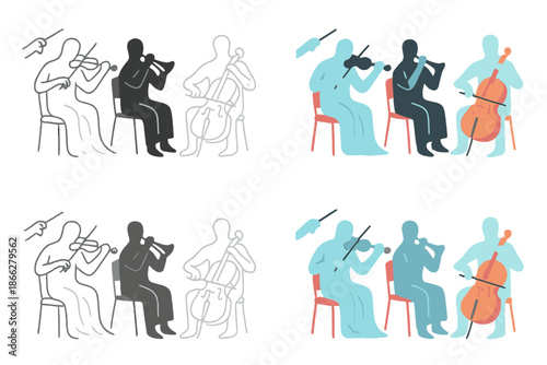 Ghostly Orchestra Artistry. Ghostly orchestral scene with invisible arms and faint silhouettes of players, abstract minimal vector