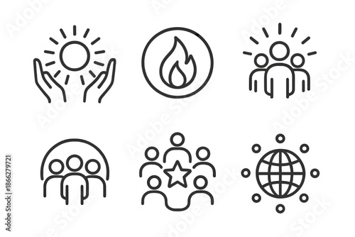 Radiant Communal Light. Line style round vector icons of Communal Light: radiant hands, shared flame, warm halo, gathering glow,