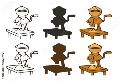 Stylized Grain Grinders. Rustic hand-cranked grain grinder on a table, stylized with clean minimal curves to evoke slow