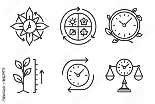 Seasonal Time Manipulators. Line style icons of seasonal time manipulators: rotating petal compass, seasonal cycle ring, clock