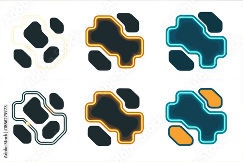 Glowing Electron Network. Top-down view of material surface with glowing network paths tracing electron flow around obstacles,