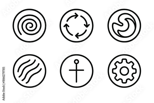 Artisan Motion Icons. Line style round vector icons of Artisan Motion: handmade coil, rotating form, sculpted spin, flowing
