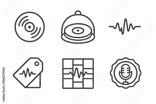 Heritage Audio Icons. Line style icons of heritage audio preservers: archival record disc, protective sound dome, data waveform