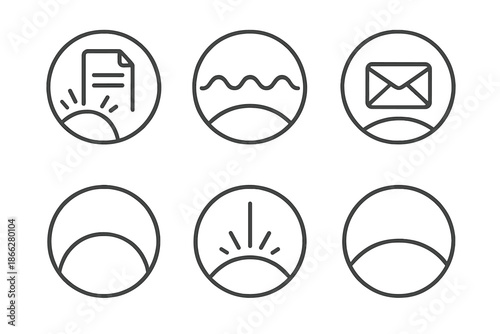 Horizon Symbol Icons. Line style round vector icons of Horizon Messages: rising page, glowing wave, fading letter, curved sky,