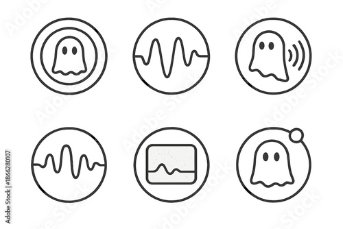 Ghost Frequency Icons. Line style round vector icons of Ghost Frequencies: spectral pulse, echoing wave, hollow sound, soft