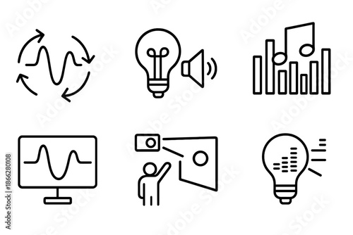 Audiovisual Integration Icons. Line style icons of audiovisual integration tools: synchronized waveform, light-sound link, rhythm