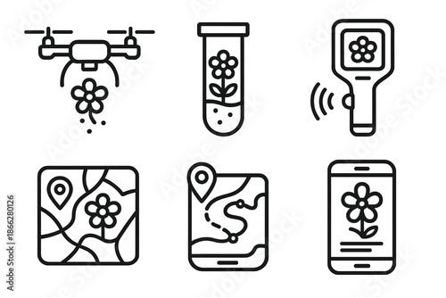 Urban Nectar Trackers. Line style icons of urban nectar trackers: pollen collection drone, nectar analysis vial, flower density