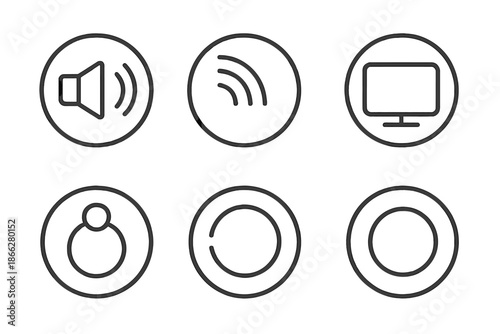 Silent Frequency Icons. Line style round vector icons of Silent Frequency: low hum, vanishing echo, dim channel, empty grid, soft