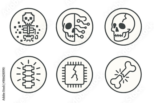 Binary Remains Icons. Line style round vector icons of Binary Remains: pixel skeleton, fading circuit, cracked skull, glowing