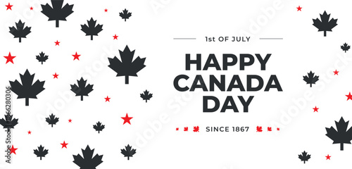 Happy Canada Day illustration background banner header with black maple leaves and stars. Template Victory day. 1st July National Holiday design. Greeting card poster geometrical decoration, covering