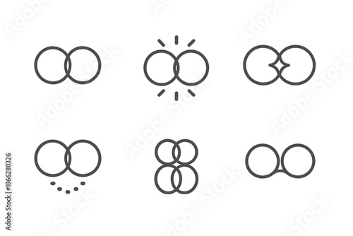 Radiant Pairs Icons. Line style round vector icons of Radiant Pairs: twin circles, glowing connection, balanced flare, soft