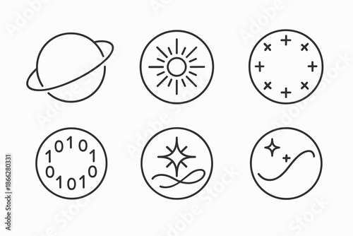 Cosmic Typography Icons. Line style round vector icons of Cosmic Typography: orbiting text, radiant glyph, circular phrase,