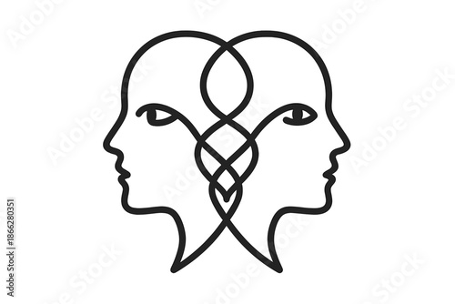 Dual Emotions Icons. Line style icons of Dual Feelings: two merged profiles, split gaze, intertwined lines, mirrored faces, shared