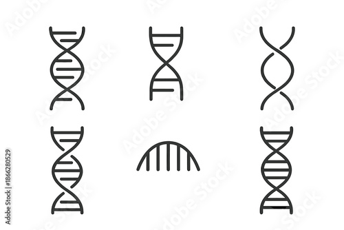 Genetic Spiral Icons. Line style icons of Genetic Spirals: DNA helix, base pair line, double curve, strand connection, sequence