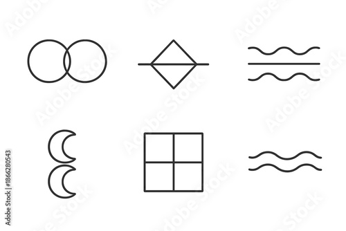 Reflected Worlds Icons. Line style icons of Reflected Worlds: twin spheres, folded horizon, water mirror, symmetry grid, dual moon