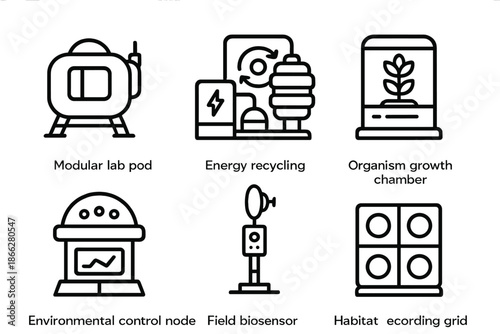 Adaptive Research Stations Icons. Line style icons of adaptive life research stations: modular lab pod, energy recycling system,