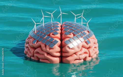 Human Brain with Renewable Energy Sources Floating on Water Surface
