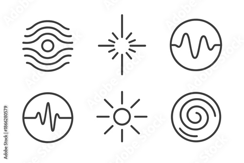 Radiant Circular Waves. Line style round vector icons of Radiant Rhythm: bright ripple, shining line, light wave, glowing beat,