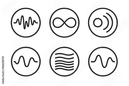 Sonic Texture Icons. Line style round vector icons of Sonic Texture: velvet soundwave, harmonic loop, smooth echo, layered tone,