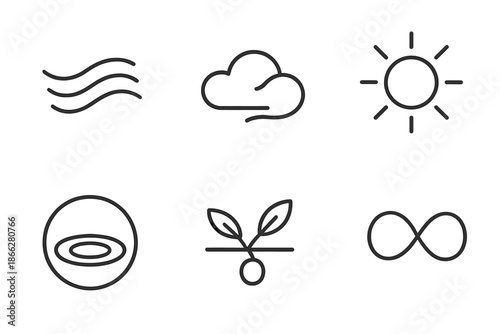 Tranquil Flow Icons. Line style icons of Tranquil Flow: stream wave line, drifting cloud curve, circle of still water, glowing sun