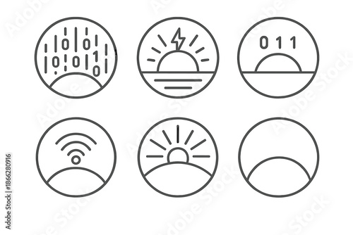 Technologic Horizon Icons. Line style round vector icons of Technologic Horizon: coded light, electric sunrise, binary hill,