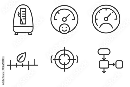 Tranquility Workflow Icons. Line style icons of tranquility workflow systems: slow rhythm tracker, emotional balance gauge,