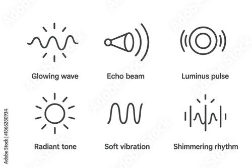 Glowing Sound Waves. Line style icons of Sound of Light: glowing wave, echo beam, luminous pulse, radiant tone, soft vibration,