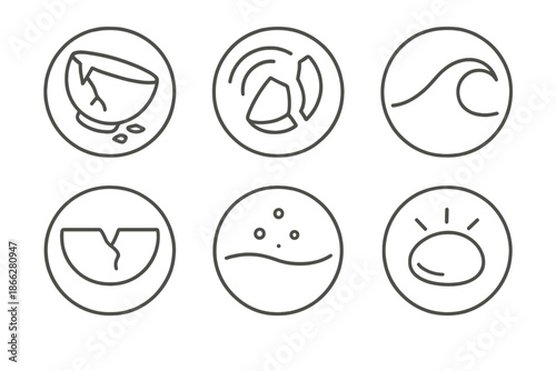 Porcelain in Motion. Line style round vector icons of Porcelain Motion: shattered bowl, spinning fragment, curved wave, smooth