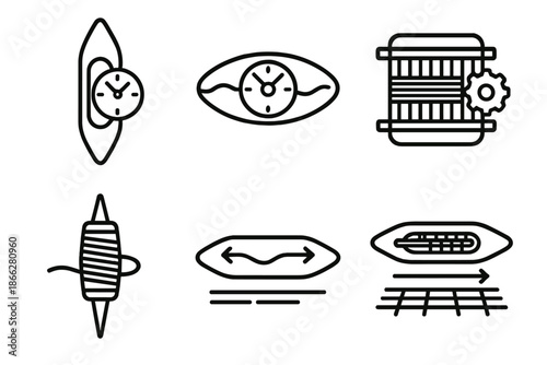 Line Style Weaving Icons. Line style icons of timeline shuttle tools: weaving shuttle clock, thread movement dial, temporal fabric