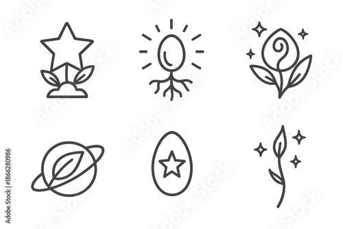 Cosmic Seed Icons. Line style icons of Cosmic Seeds: sprouting star, glowing root, celestial bud, orbiting leaf, stellar seed,