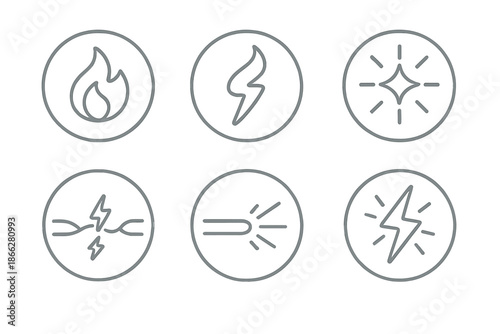 Electric Fractal Icons. Line style round vector icons of Electric Fragments: neon ember, curved voltage, charged glow, fractured