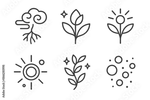 Celestial Growth Icons. Line style icons of Nebula Growth: vapor root, stardust bud, glowing sprig, radiant core, celestial vine,