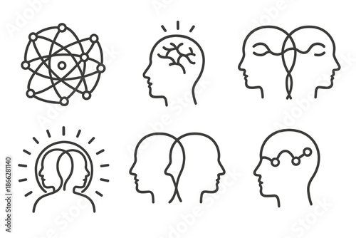 Collective Mind Icons. Line style icons of Collective Mind: neural web, luminous nodes, synchronized pulse, shared aura, merging